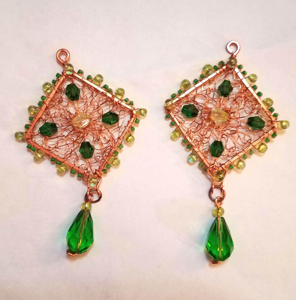 Crocheted Granny Square Earrings (Copper wire/glass beads, March)